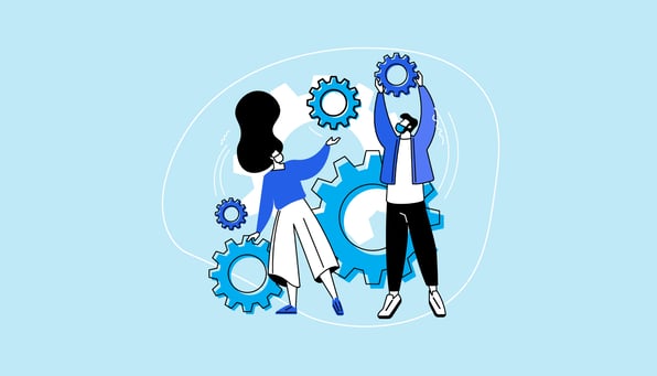 Illustration of people holding cogs