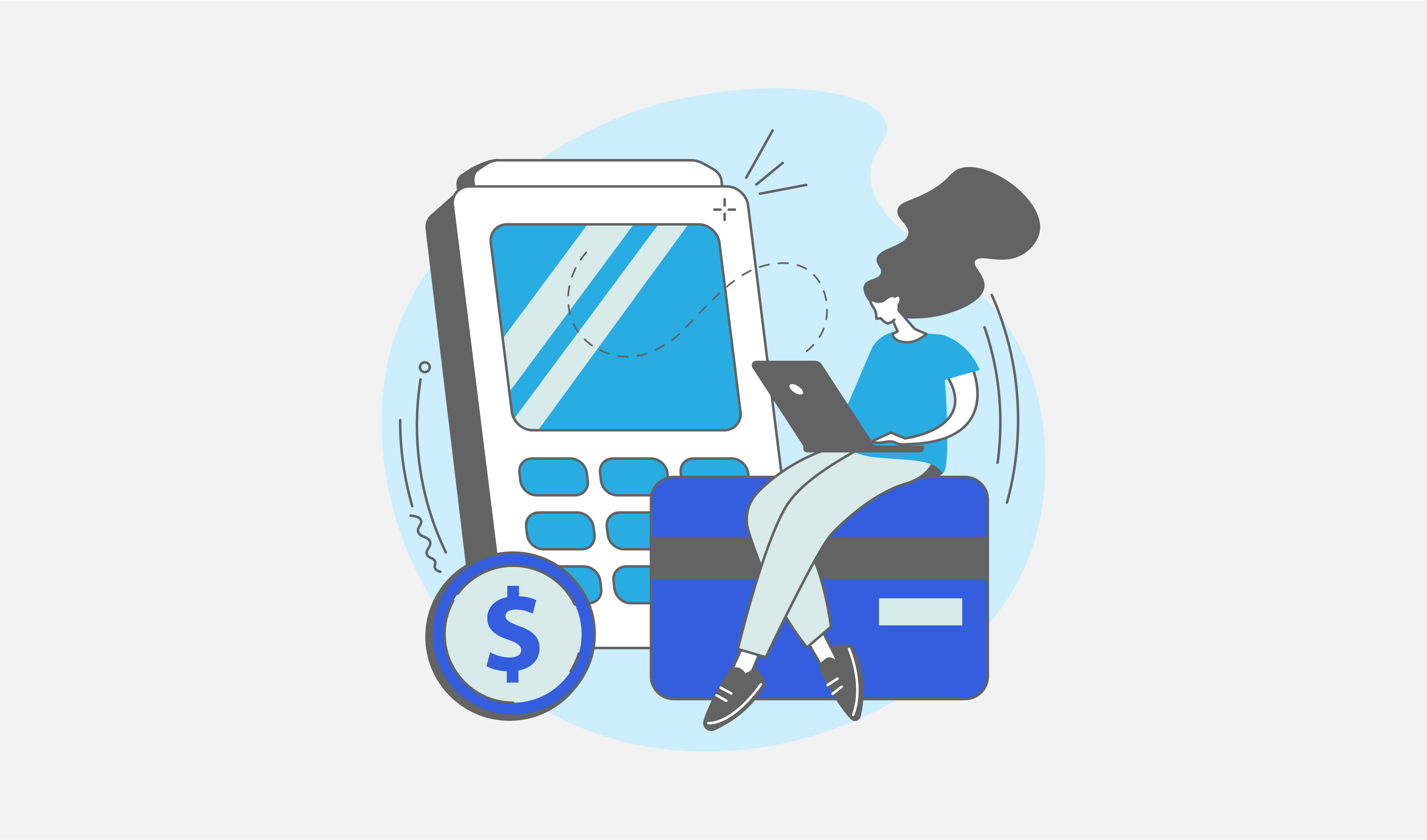 An illustration of a lady using a laptop while sitting on a credit card