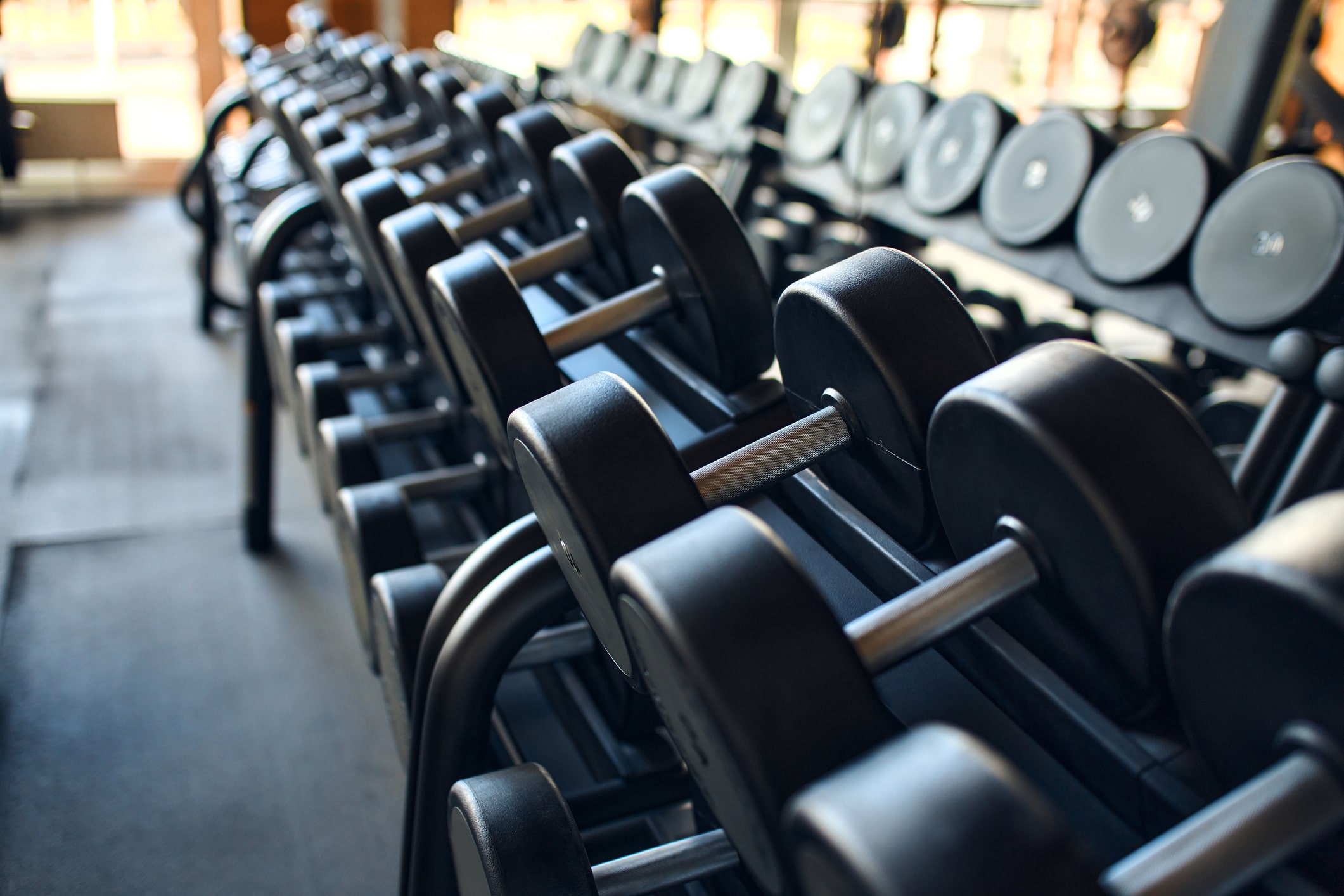 Sports equipment in the gym. Dumbbells of different weights on a shelf. Active healthy lifestyle and sports.